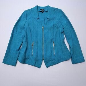 Alfani Womens Teal Blue Cotton Tweed Zip Front Jacket Size 12 Textured Peplum